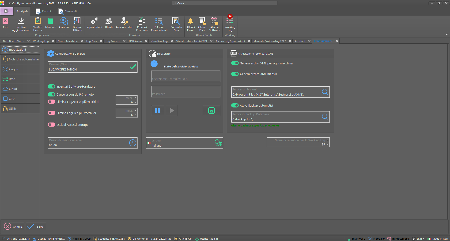 Screenshot di Business LOG - Configurazione