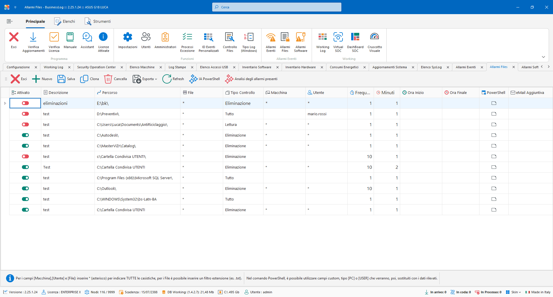 Allarmi Operazioni su File