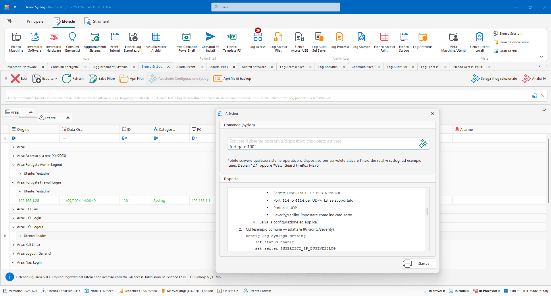 Configurazione Syslog con AI